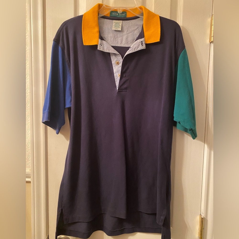 Vintage Outer Banks Polo Shirt Men’s L Green Blue Yellow Colorblock Made USA